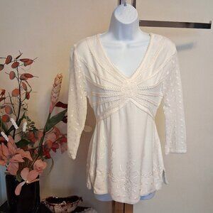 Preowned Raindrops Women’s White Embroidery Blouse Top 3/4 Sleeve 10
